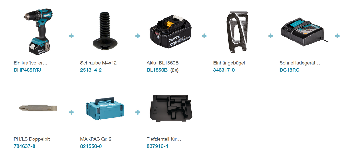 Makita DHP485RTJ ink. 2x5Ah Akku BL1850B + Schnellader im MAKPAC