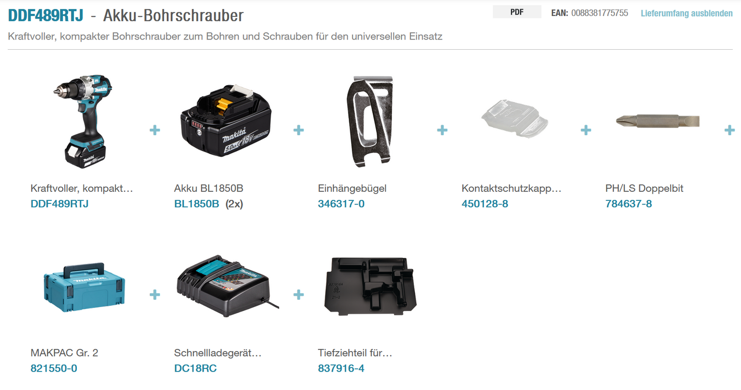 Makita DDF489RTJ + 2 Akkus (18V / 5,0 Ah) + Ladegerät im MAKPAC